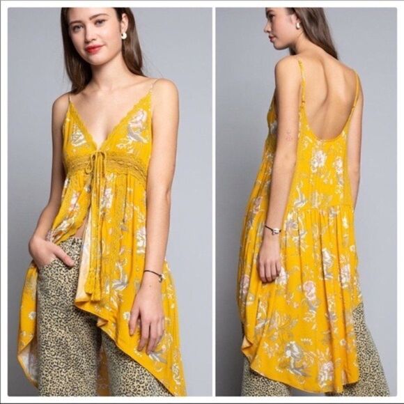 yellow high low Floral Tunic with Spaghetti Straps - Picture 4 of 9